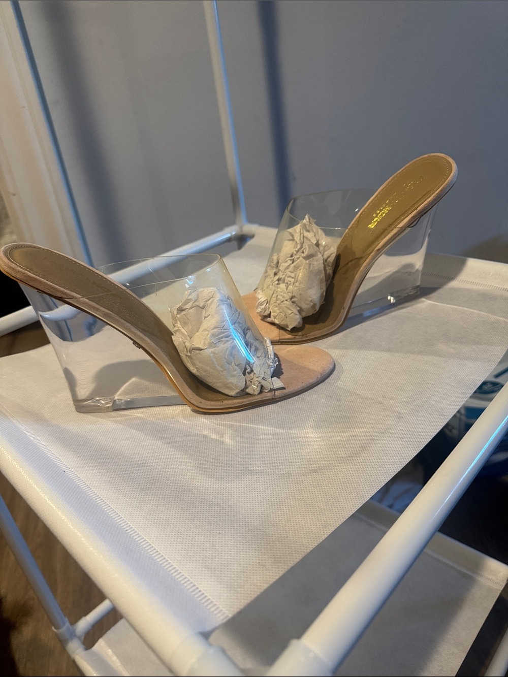 Fashion Nova Clear Wedge Mules with Beige Footbed